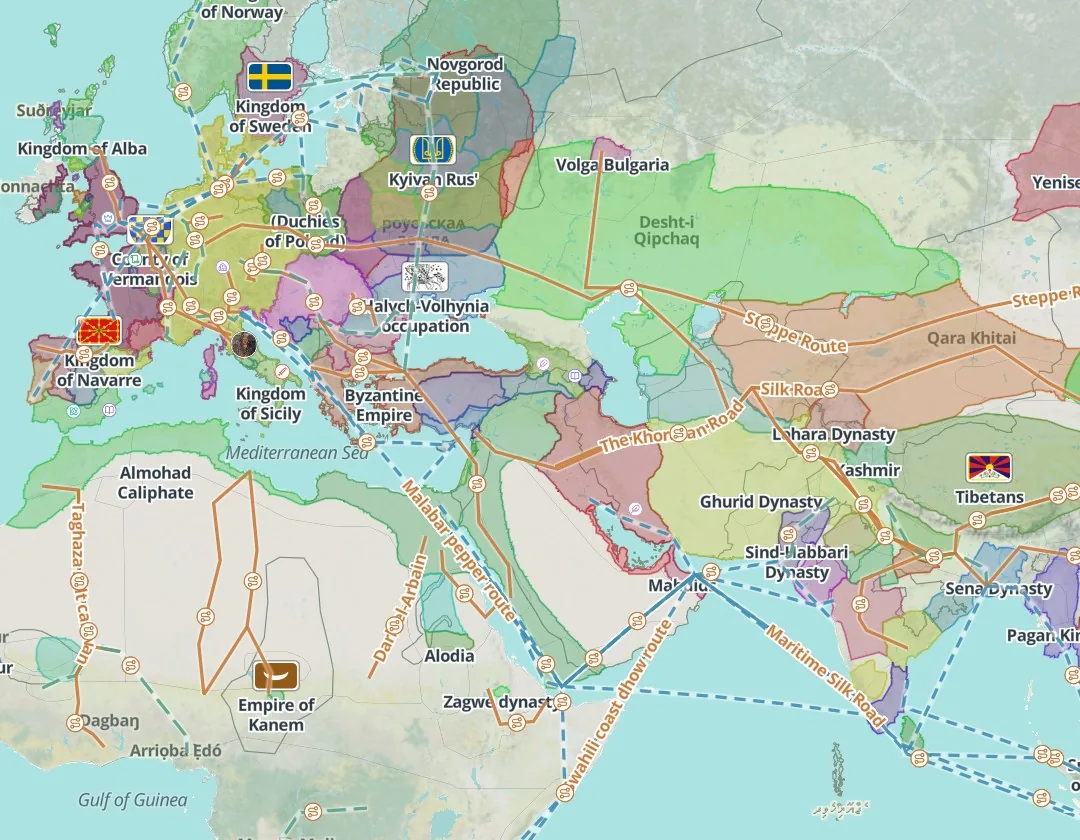 Historical map of Eurasia in 1200: Qara Khitai, Volga Bulgaria, the Kipchak steppe and the Byzantine Empire, with the Silk Road and the Steppe Route