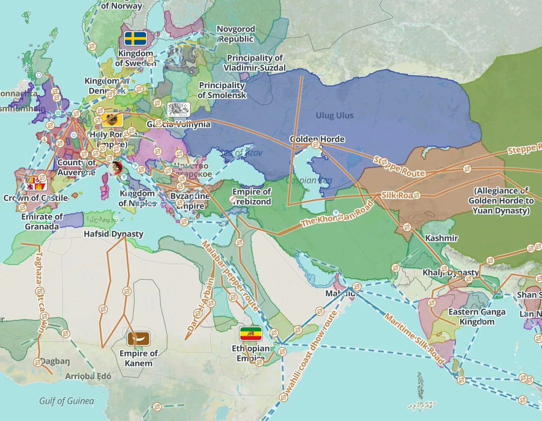 Historical map of Eurasia in 1300: the Golden Horde across the steppe, the Empire of Trebizond and the lands owing allegiance to the Yuan dynasty