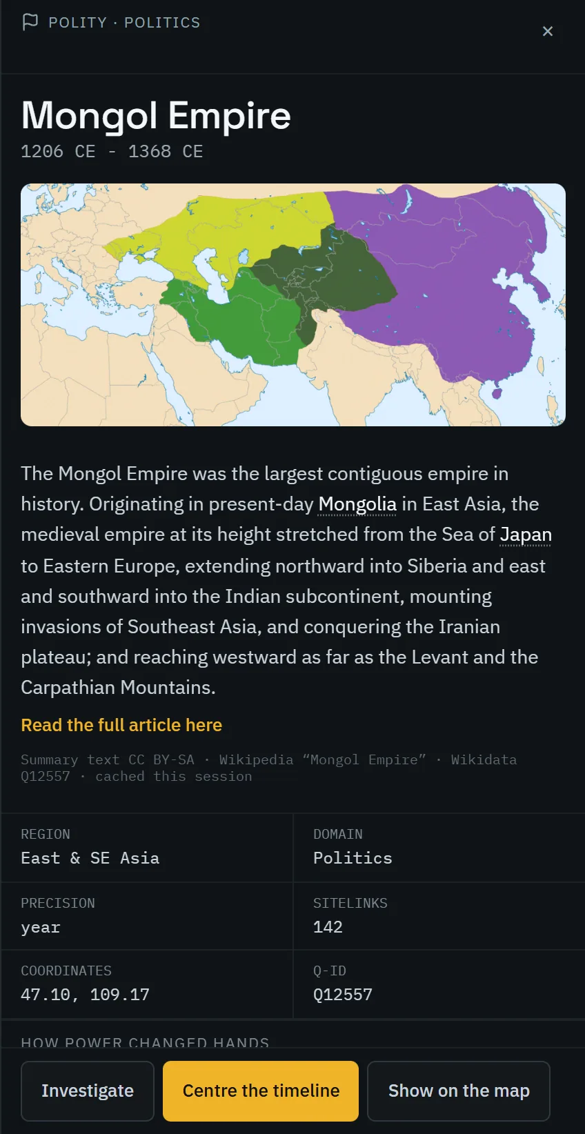 The Mongol Empire’s entry: its dates, a map, the article and what the record holds